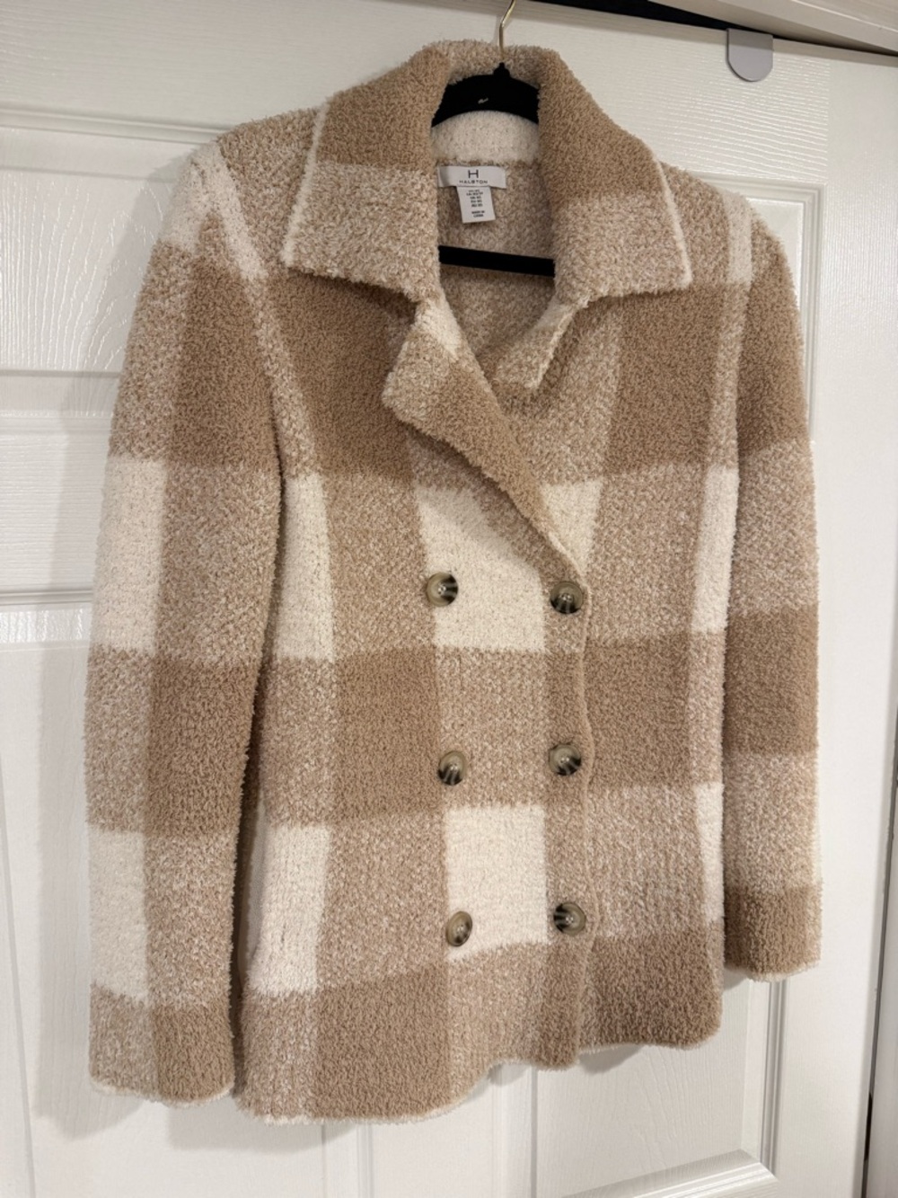 Halston Heritage Beige & Cream Plaid Double-Breasted Pea Coat